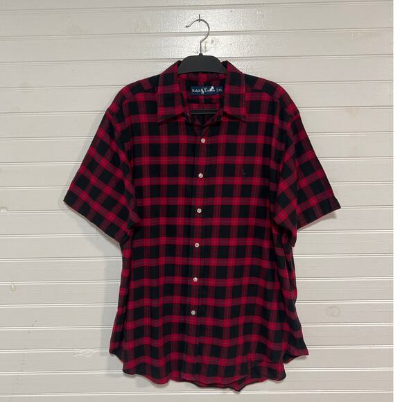 Ralph Lauren Size XL Plaid Short Sleeve Flannel Button Up Shirt Red Black Preppy - Picture 1 of 6